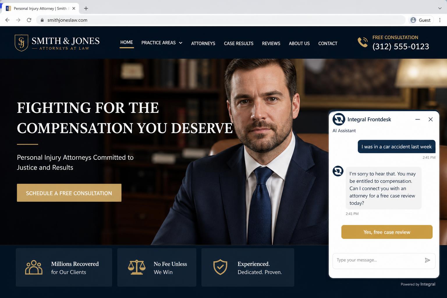 Integral Frontdesk AI chatbot on a Law Firms website