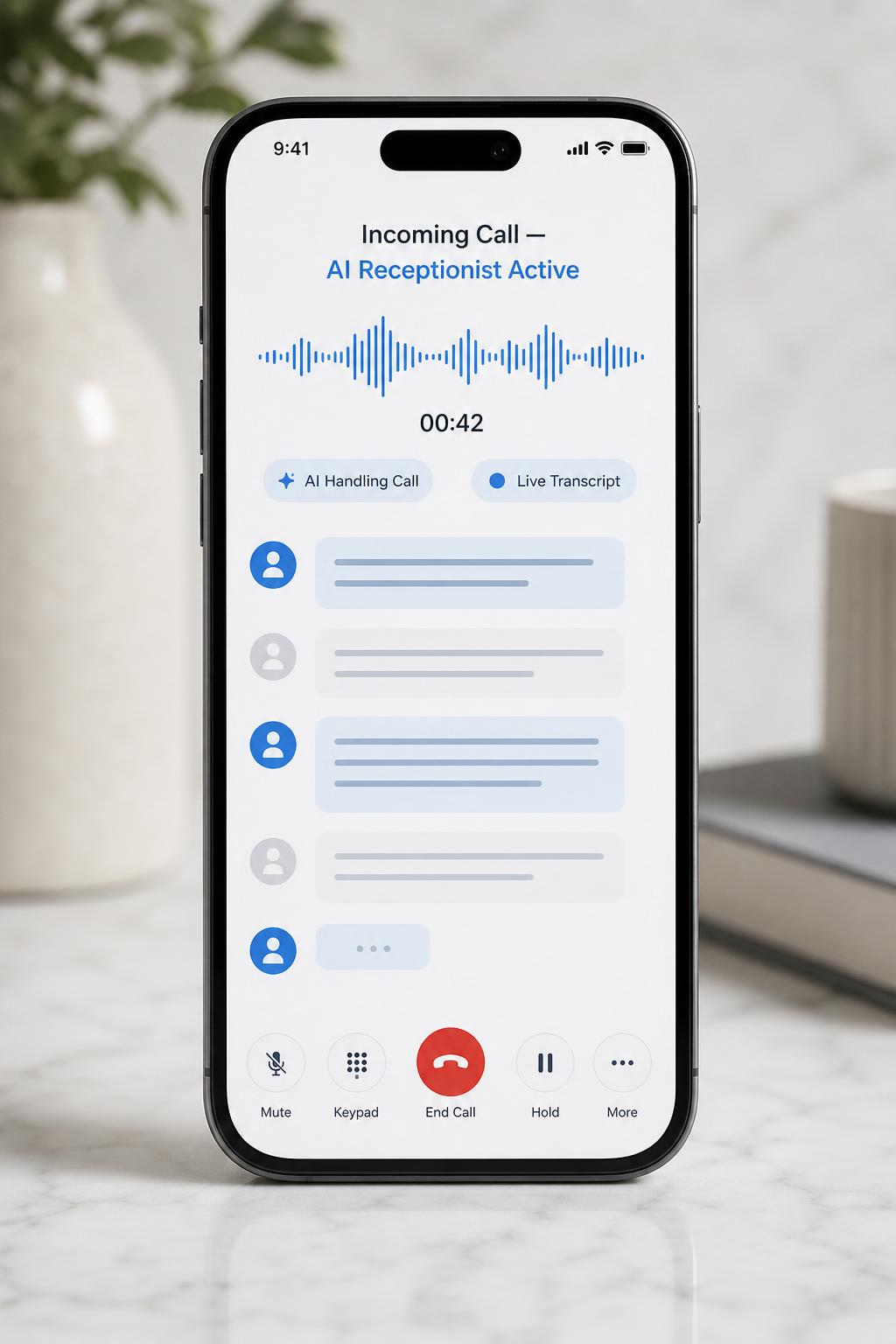 Smartphone showing an active AI receptionist call with live transcript