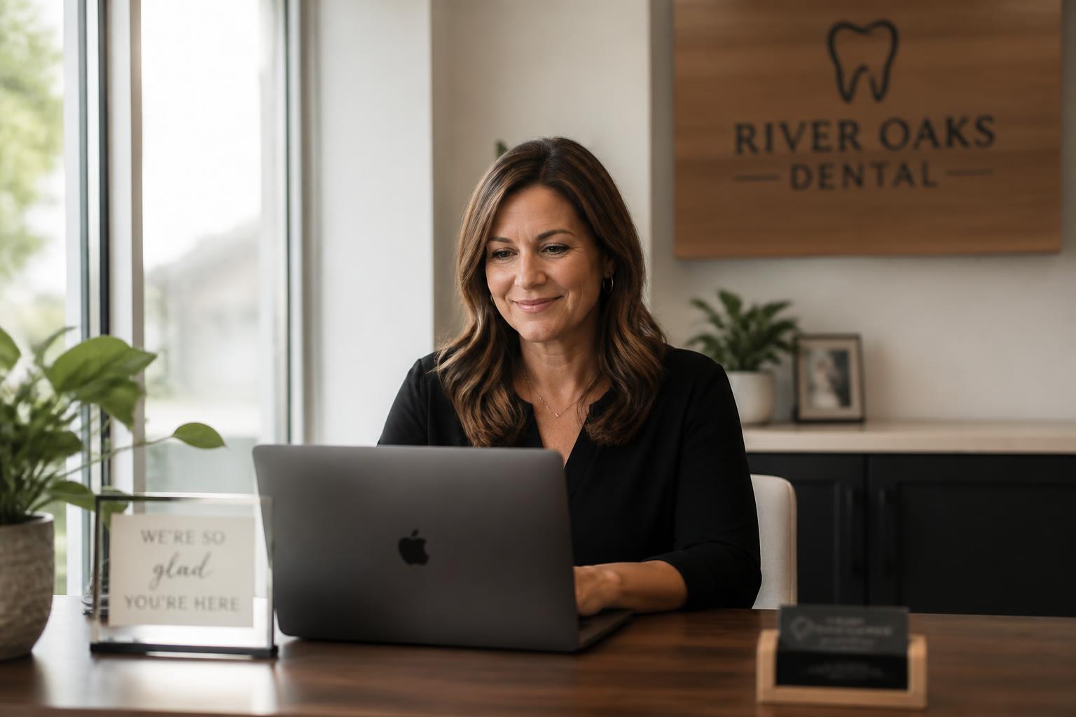 A small business owner at her front desk, calm because every lead is being handled